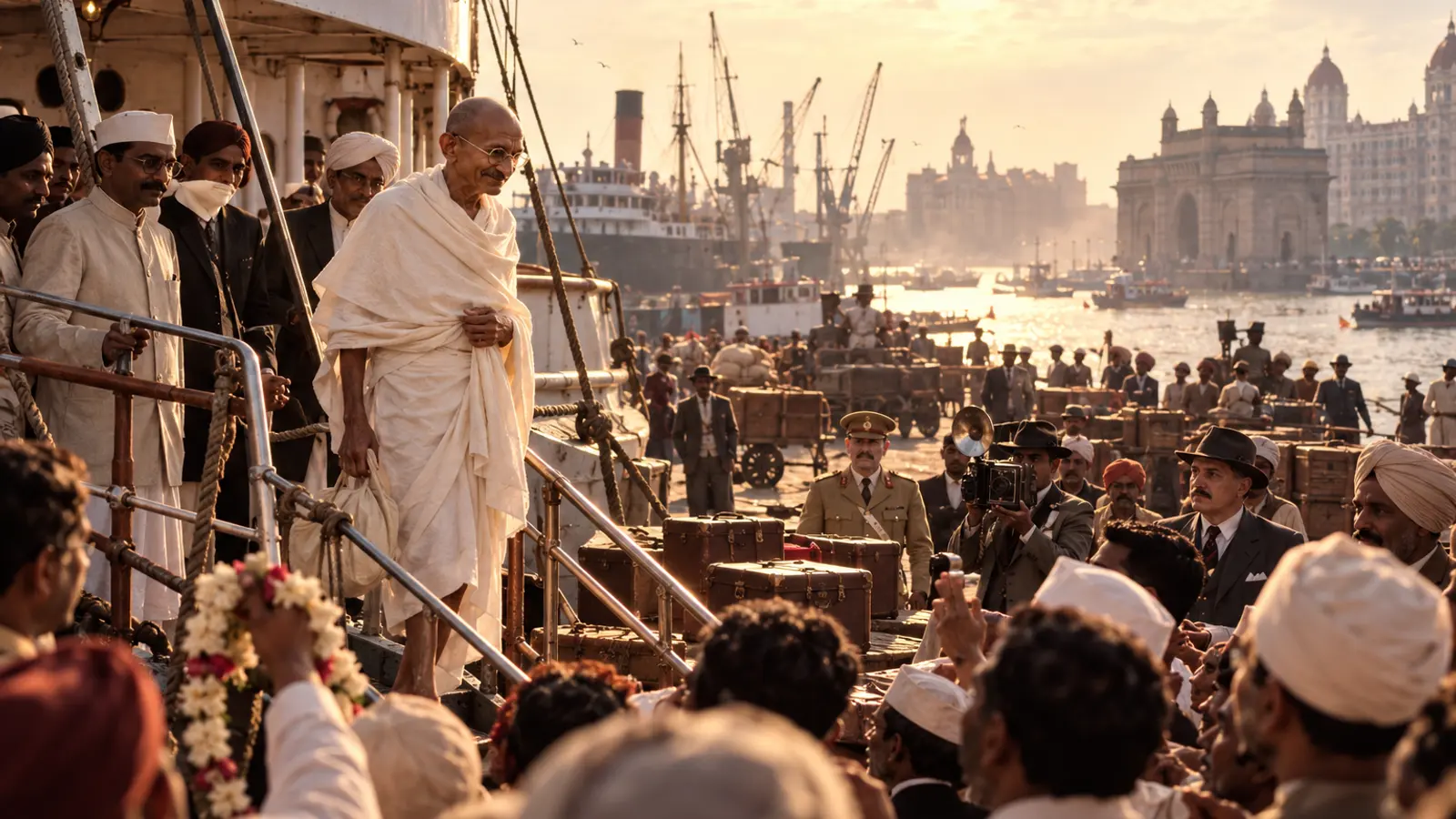 Illustration: Gandhi Comes Home, Apollo Bunder, Bombay, 9 January 1915